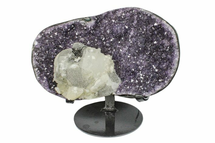 Amethyst Geode Section With Calcite On Metal Stand - Uruguay #171780